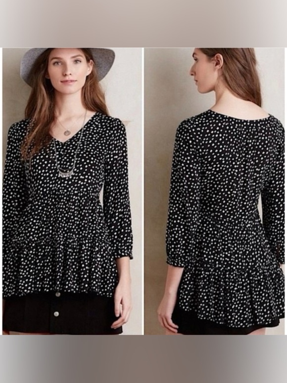Maeve Anthropologie Black White Print Peplum Blouse Size Small flaw